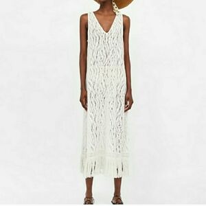 Zara Women's Crochet Knit Beige Cover Up Beach Maxi Dress Sz Small V Neck.